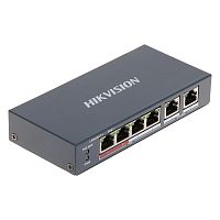 PoE-коммутатор Hikvision DS-3E0106P-E/M [неуправляемый, 4×10/100 Мбит/с + 2×10/100 Мбит/с, 4 порта PoE (бюджет 35 Вт), настольный, металл]