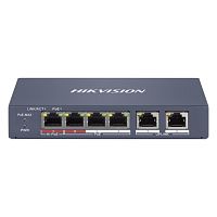 PoE-коммутатор Hikvision DS-3E1106HP-EI [Smart, 4×10/100 Мбит/с + 2×10/100 Мбит/с, 4 порта PoE (Hi-PoE; бюджет 60 Вт), настольный, металл]