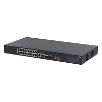 PoE-коммутатор Dahua DH-S3218-16ET-135 [неуправляемый, 16×10/100 Мбит/с + 2×1 Гбит/с комбо (uplink/SFP), 16 портов PoE (Hi-PoE; бюджет 135 Вт), настольный/в стойку, металл]