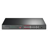PoE-коммутатор TP-Link TL-SL1218P [неуправляемый, 16×10/100 Мбит/с + 1×1 Гбит/с + 1×1 Гбит/с комбо, 16 портов PoE (бюджет 150 Вт), в стойку 19", металл]