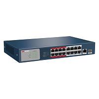 PoE-коммутатор Hikvision DS-3E0318P-E/M(B) [неуправляемый, 16×10/100 Мбит/с + 1×1 Гбит/с, 1×SFP, 16 портов PoE (бюджет 130 Вт), в стойку 19"]