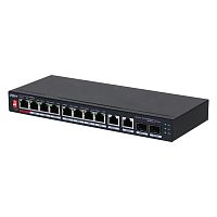 PoE-коммутатор Dahua DH-PFS3210-8GT2GF-96 [неуправляемый, 8×1 Гбит/с + 2×1 Гбит/с комбо, 2×SFP 1G (комбо), 8 портов PoE (порт 1 — Hi-PoE/802.3bt до 90 Вт; бюджет 96 Вт), настольный, металл]
