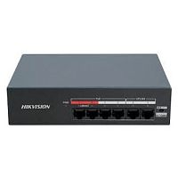PoE-коммутатор Hikvision DS-XS06-P [неуправляемый, 4×10/100 Мбит/с + 2×10/100 Мбит/с, 4 порта PoE (бюджет 35 Вт), настольный, металл]