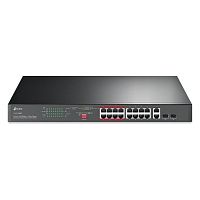 PoE-коммутатор TP-Link TL-SL1218MP [неуправляемый, 16×10/100 Мбит/с + 2×1 Гбит/с комбо, 16 портов PoE (бюджет 250 Вт), в стойку 19", металл]