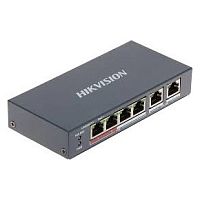 PoE-коммутатор Hikvision DS-3E0106P-E/M(B) [неуправляемый, 4×10/100 Мбит/с + 2×10/100 Мбит/с, 4 порта PoE (бюджет 45 Вт), настольный]